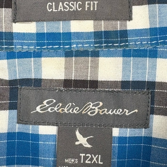 Eddie Bauer Black Turquoise and White Plaid Short Sleeve Button Front Size T2XL - Picture 6 of 9